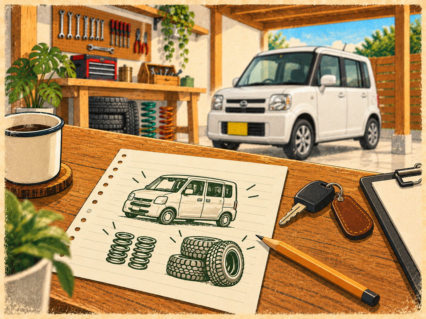 愛車の線画とパーツを描いたメモ、キーが並ぶテーブルのイラスト