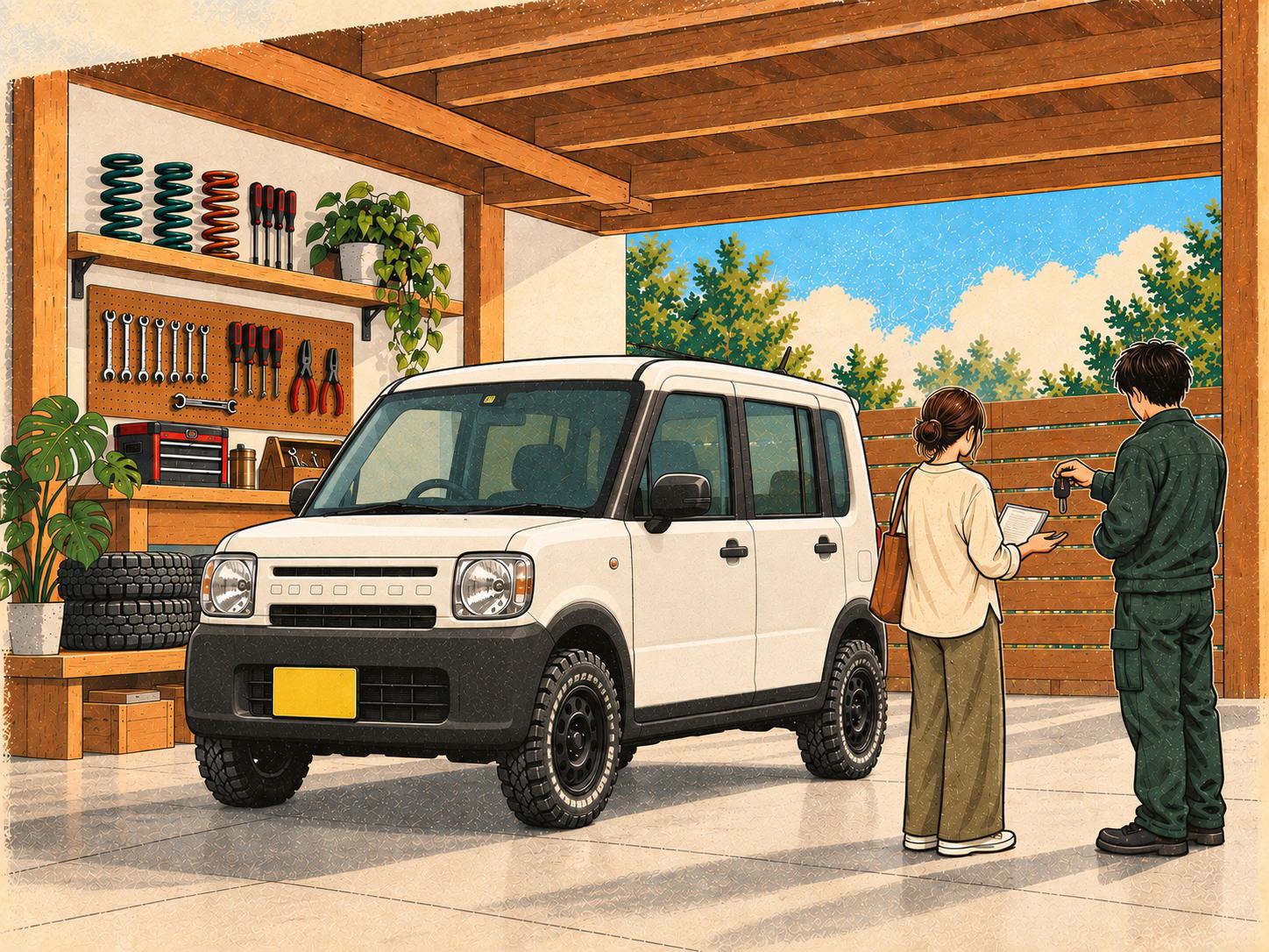 カスタムを終えた軽自動車のキーが手渡される、引き渡しの場面のイラスト